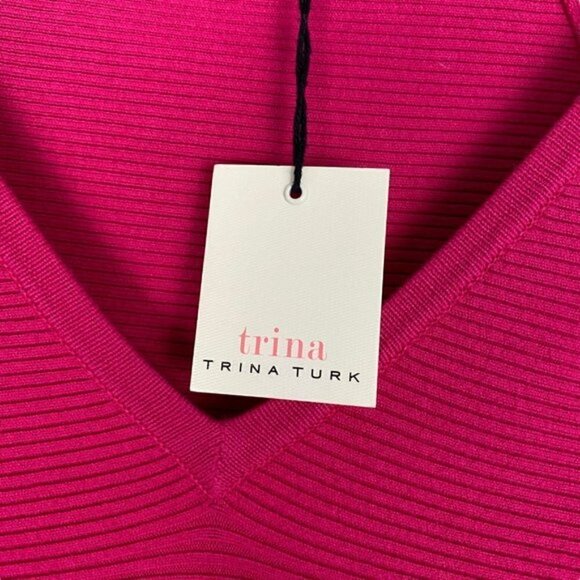 Trina Turk Women's Fuschia Pink Ribbed V Neck Fit Flare Sweater Dress US M - Picture 9 of 9